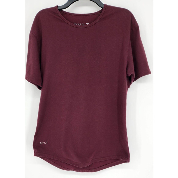 BYLT‎ Drop Cut Short Sleeve Shirt Men's Medium Maroon Crew Neck Stretch Casual - Picture 1 of 7